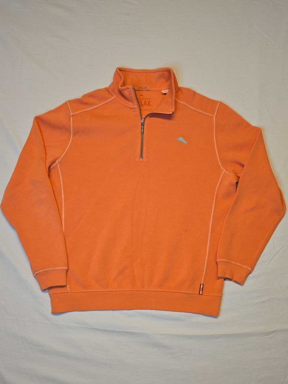 Tommy Bahama Salmon Pink Quarter-Zip Cotton Sweater with Blue Logo